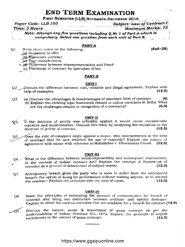 Llb 1 Sem Law Of Contract 1 Llb 103 Dec 2016 Pdf