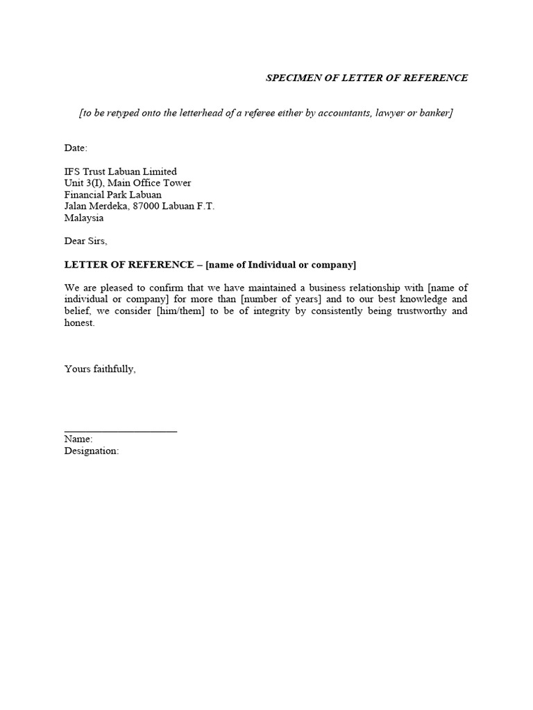 Specimen Letter of Reference PDF