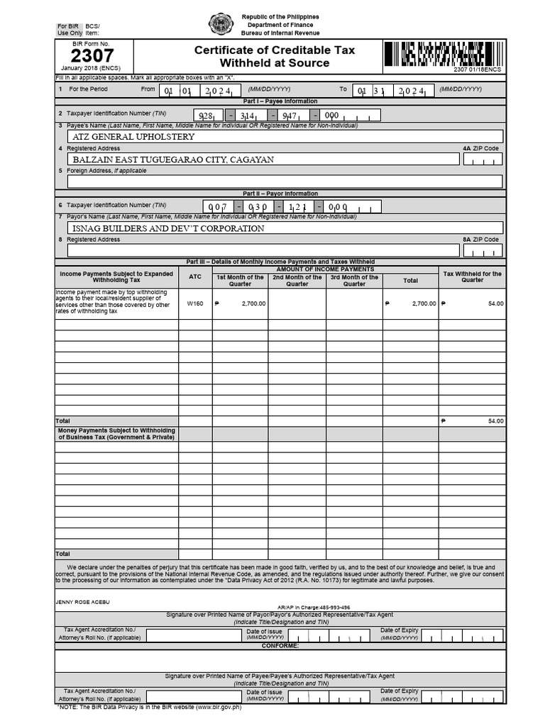 2307 sample pdf withholding tax corporate tax