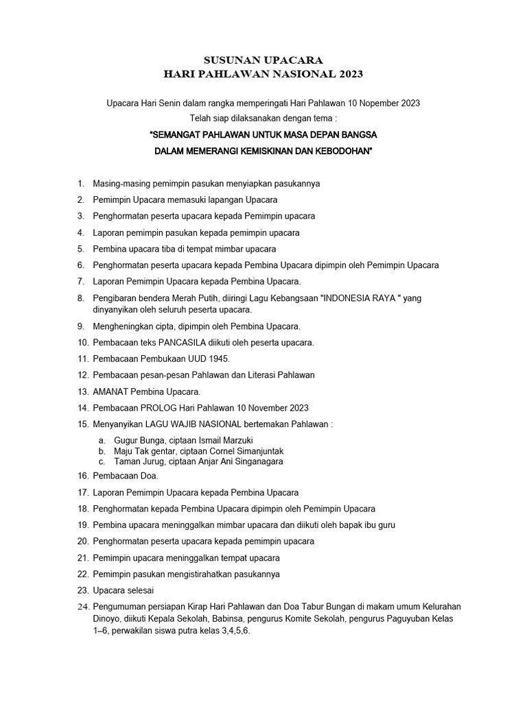 Daftar Susunan Upacara Hari Pahlawan 10 November Lengkap dari Persiapan hingga Pembacaan Doa