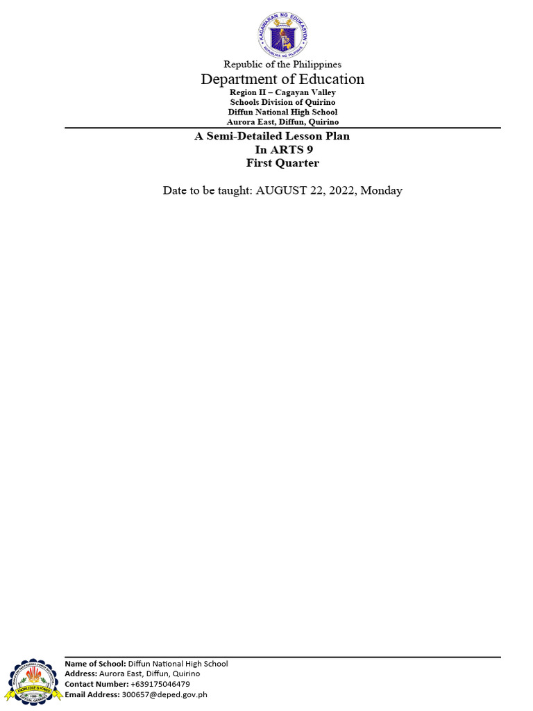 Semi-Detailed Lesson Plan for Arts 9 | PDF | Lesson Plan | Learning