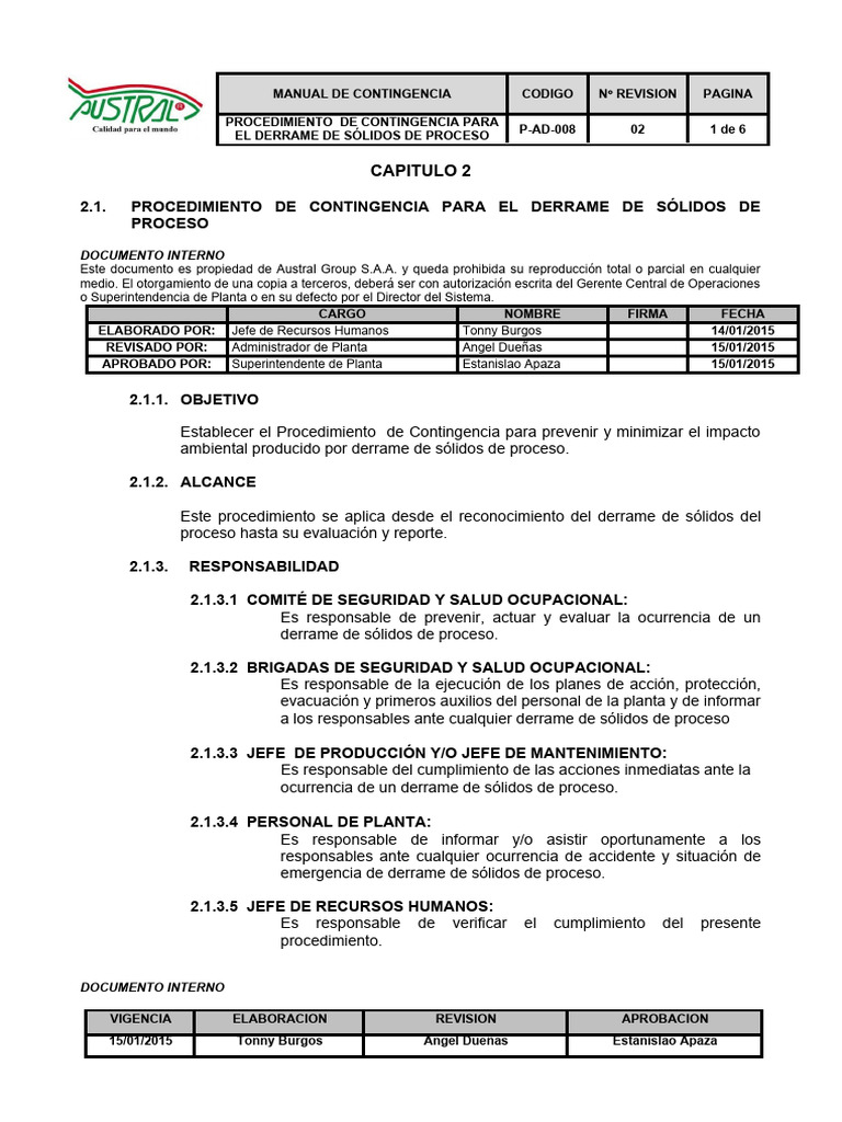 Procedimiento para Derrames de Sólidos | PDF | Seguridad y salud ...