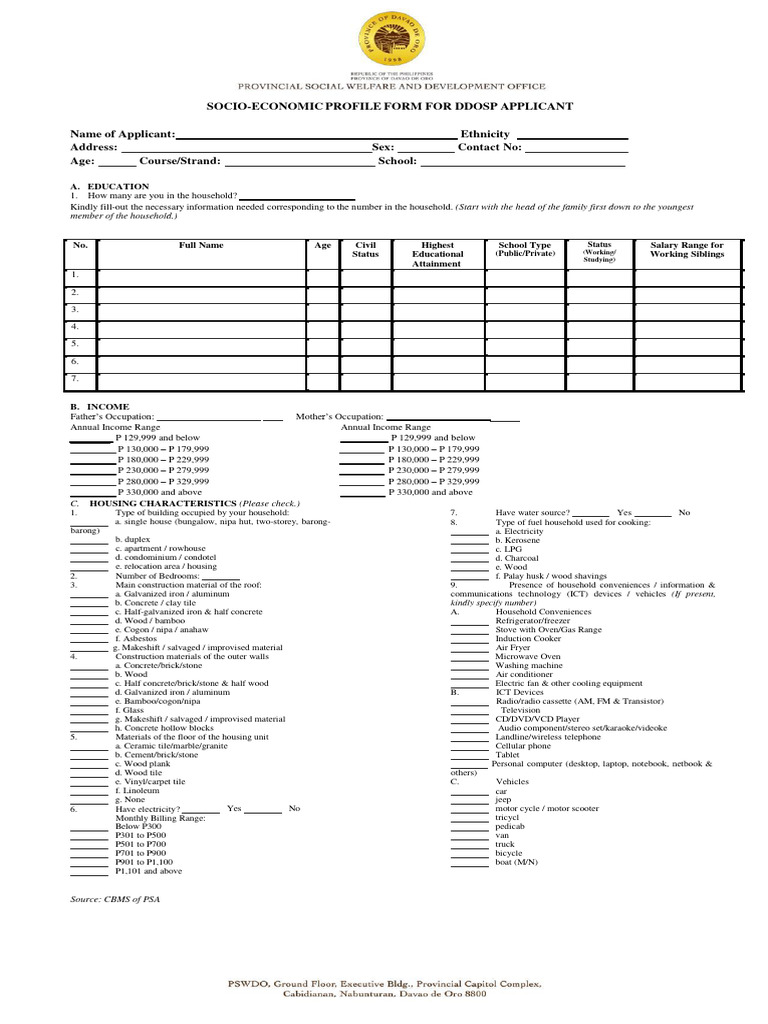 DDOSP Socio-Economic Profile Form | PDF