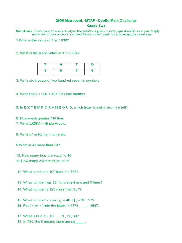 Grade 2 Math Challenge Questions | PDF | Mathematics | Encodings