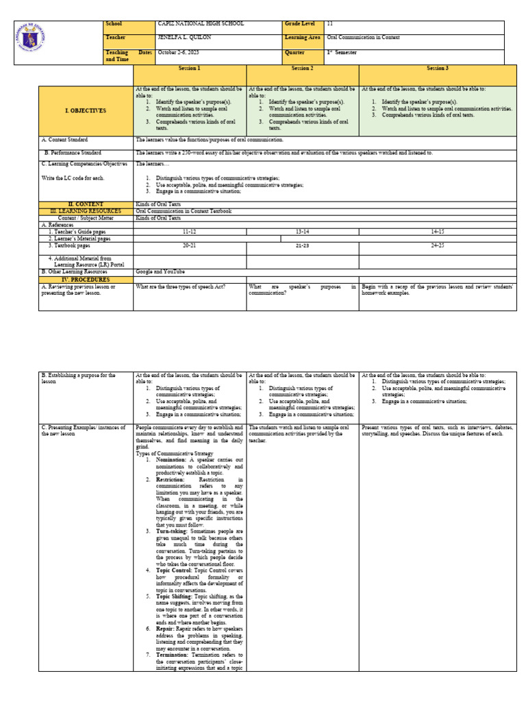 Oral Comm Dll Week 7 Pdf Communication Conversation