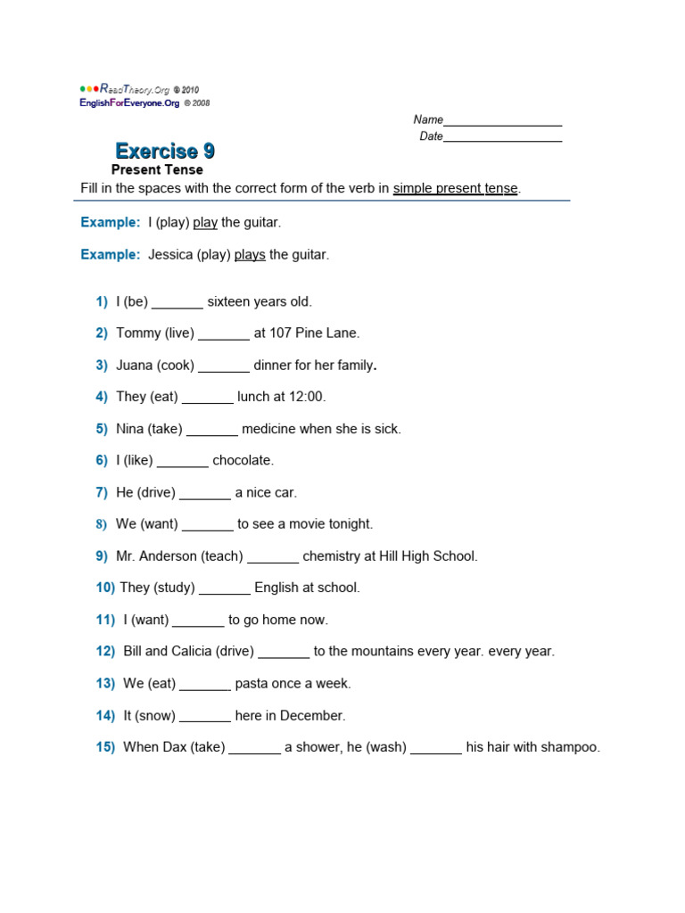 Present Tense Exercise 9 | PDF