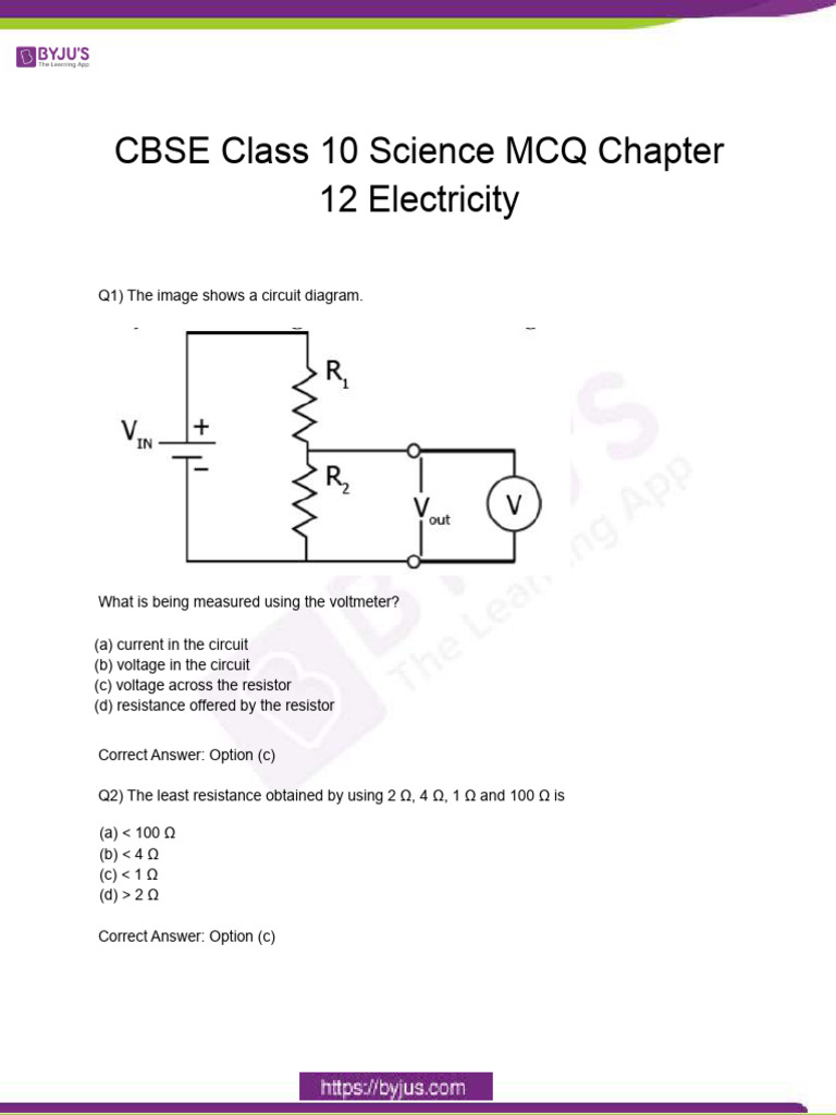Cbse Class 10 Science Mcq Chapter 12 Electricity Pdf