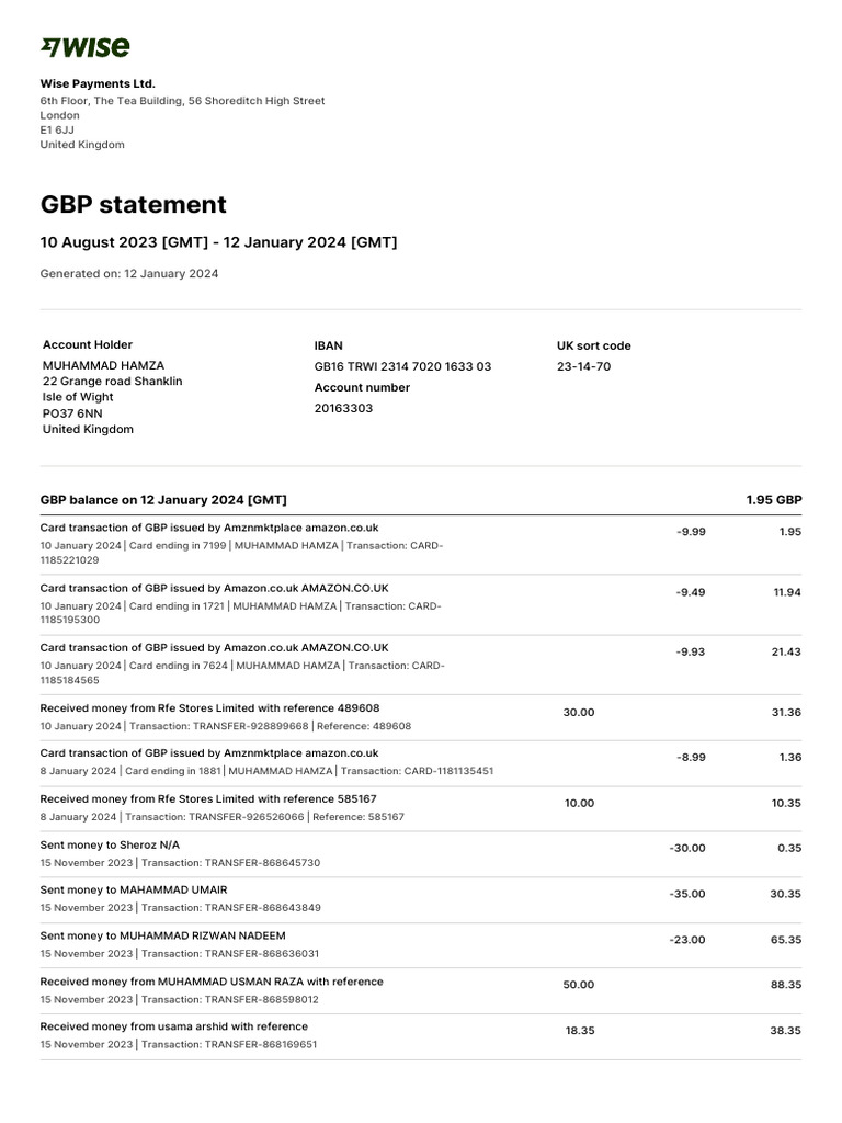 Wise Payments GBP Statement Summary | PDF | Financial Markets ...