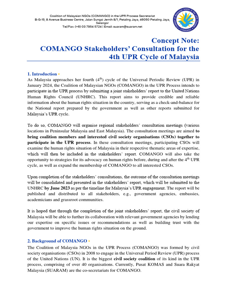 COMANGO Stakeholders' Consultation UPR 2024 | PDF | Human Rights | Justice