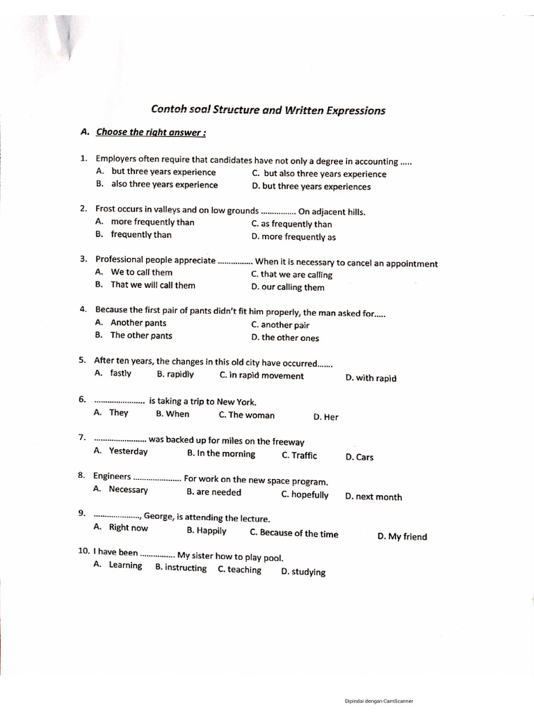 Exercise toefl structure and written expressions pdf
