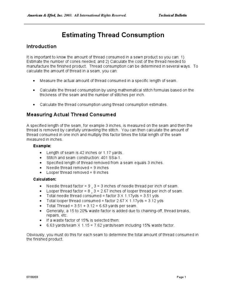 Thread Consumption PDF Seam (Sewing) Yarn
