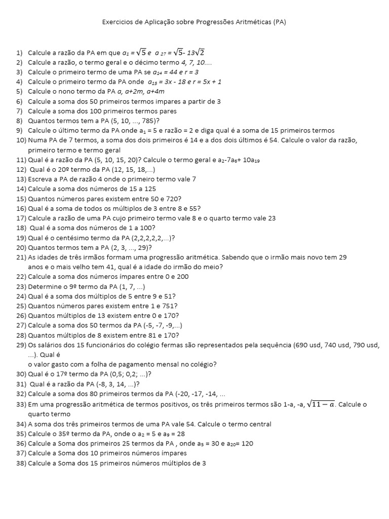 Exercícios Resolvidos de PA | PDF | Sequência | Razão/Proporção