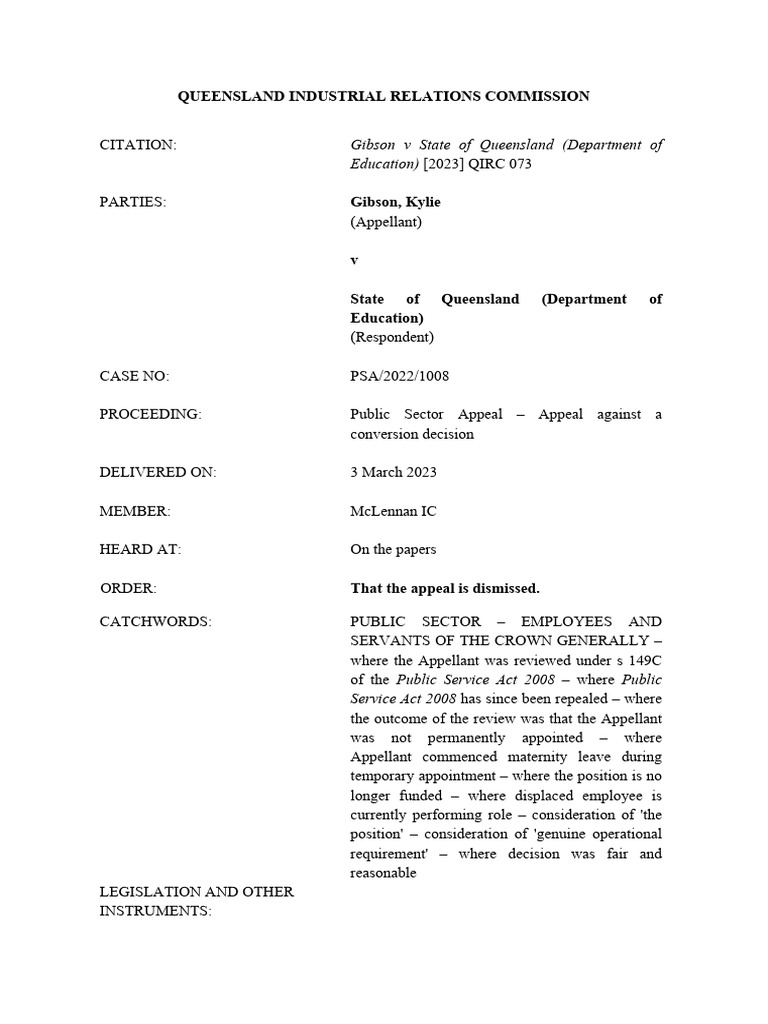 QIRC Appeal Decision: Gibson v Queensland | PDF | Appeal | Employment