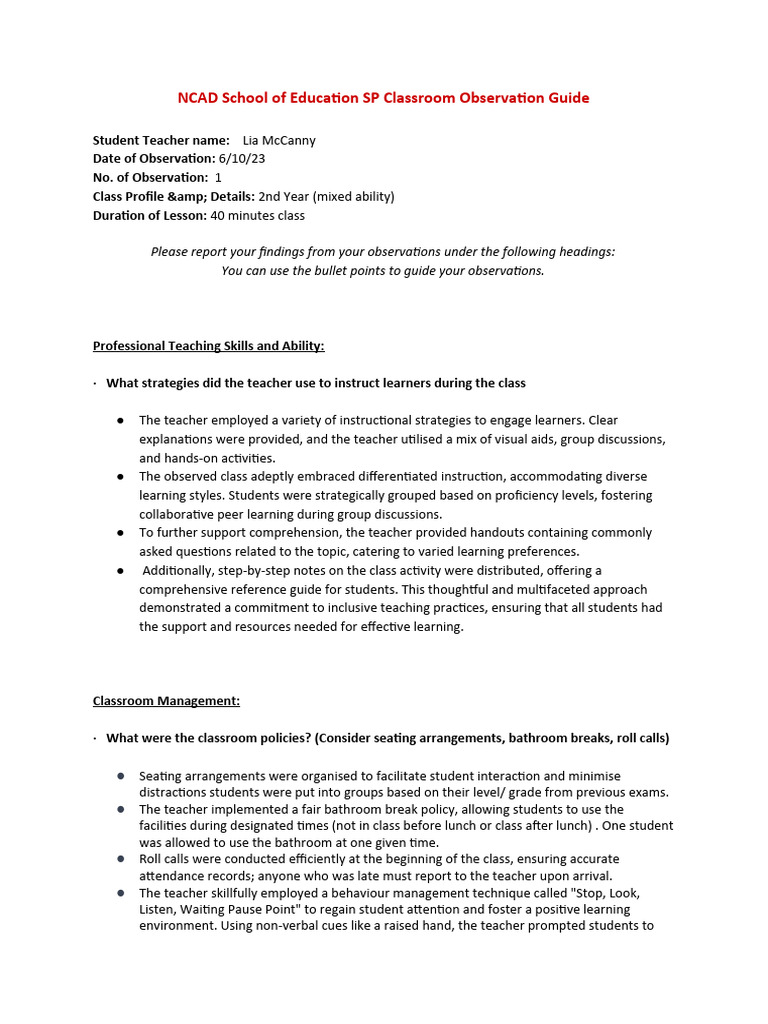 Sp Classroom Observation 1 Pdf Teachers Classroom