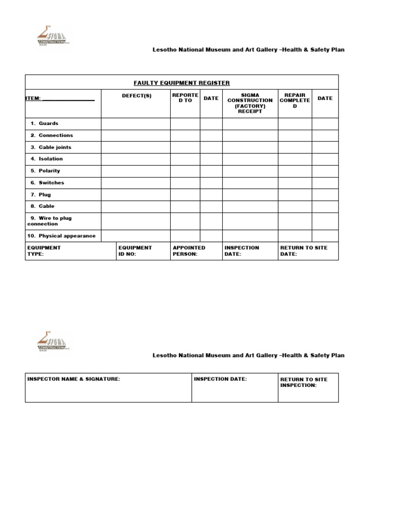 Faulty Equipment Register PDF