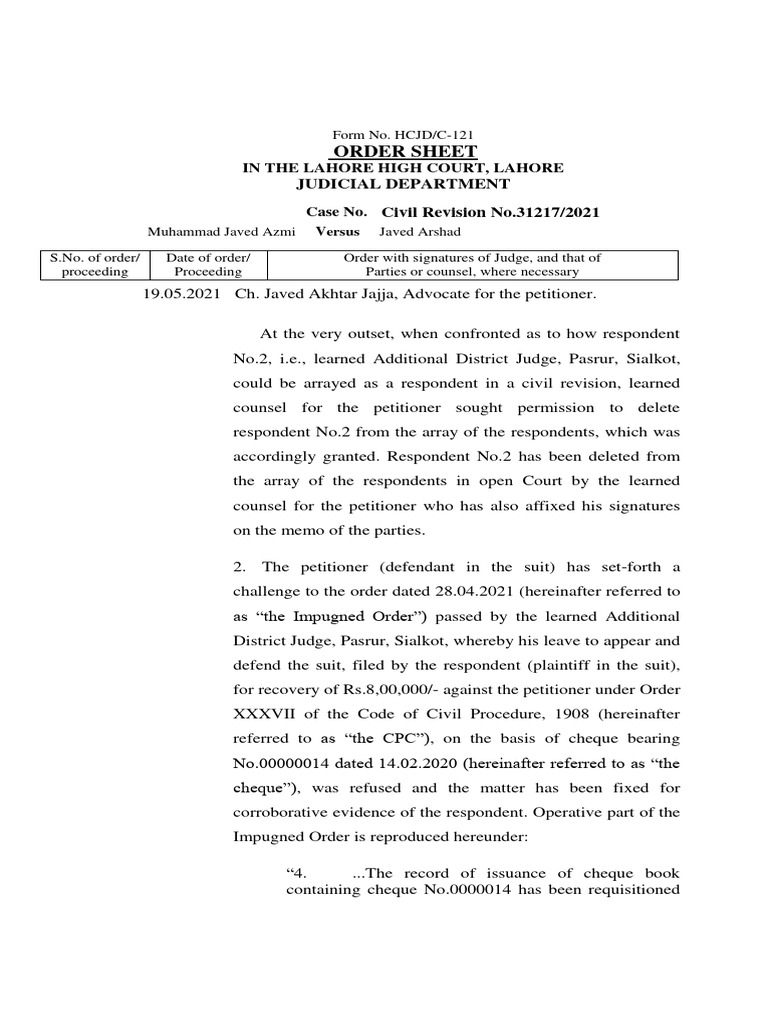 Lahore High Court Civil Revision Case | PDF | Lawsuit | Cheque