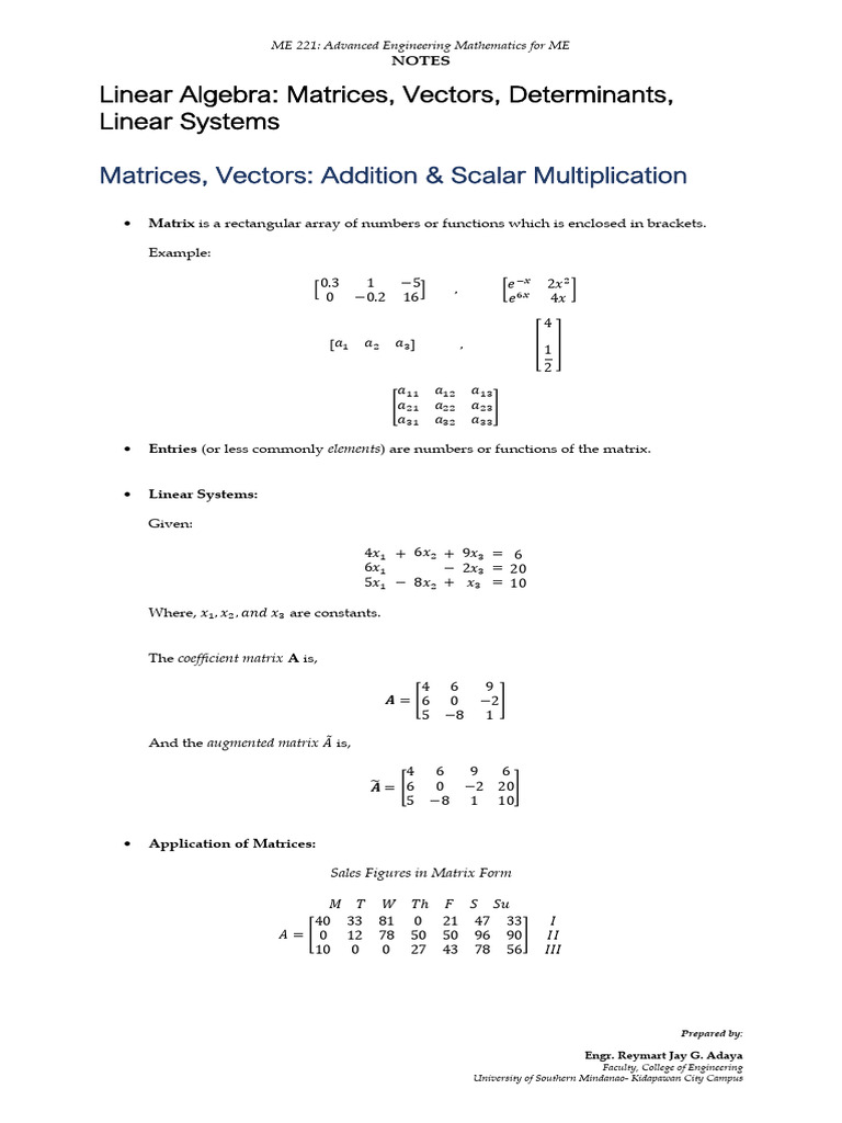 Matrix Operations in Engineering Mathematics | PDF | Matrix ...