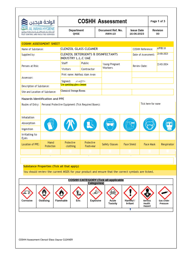 COSHH Clenzol (APC) | PDF | Personal Protective Equipment | Safety