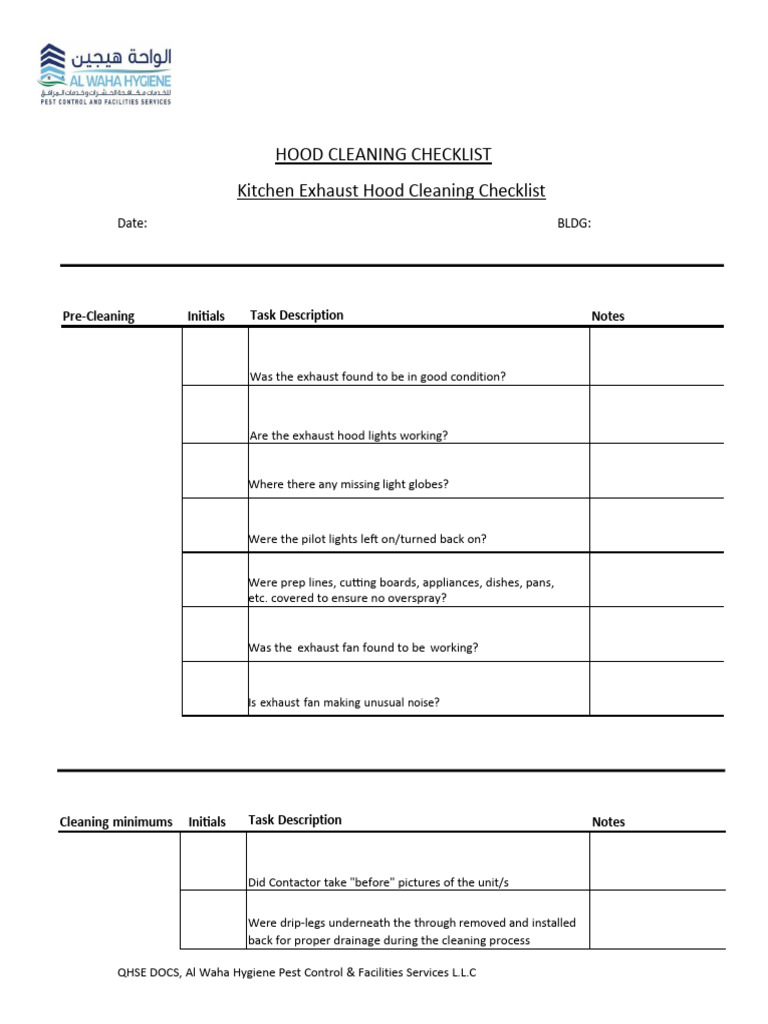 Kitchen Hood Cleaning Checklist12 PDF Home Equipment