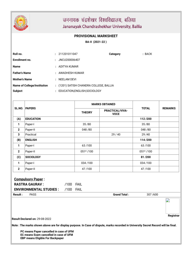 Provisional Marksheet BA-II 2021-22 | PDF