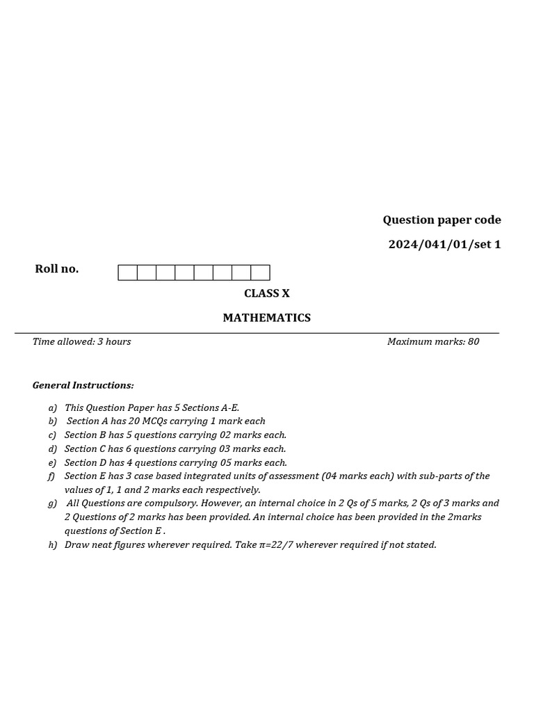 Class X Mathematics Question Paper 2024 | PDF