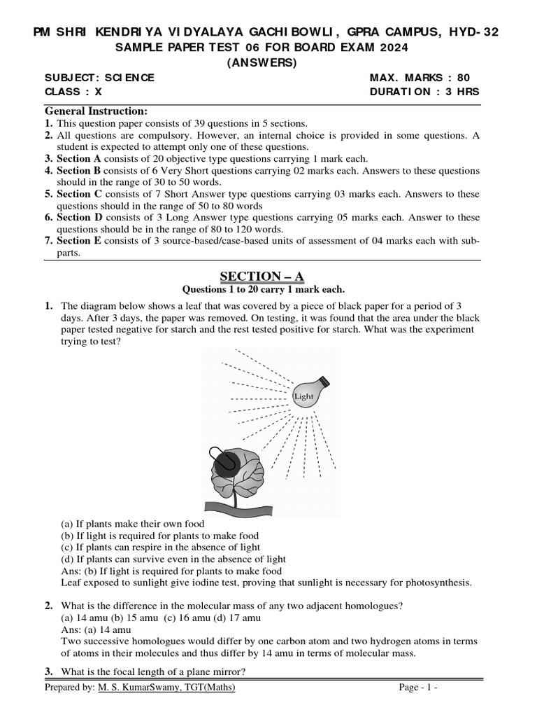 Science Class X Sample Paper Test 06 For Board Exam 2024 Answers PDF