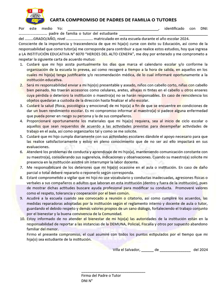 Carta Compromiso de Padres de Familia o Tutores | PDF | Salud y bienestar
