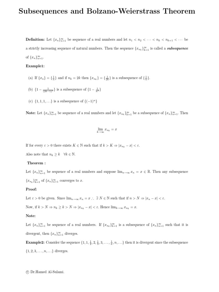 Subsequences and Bolzano-Weierstrass Theorem | PDF | Mathematics ...