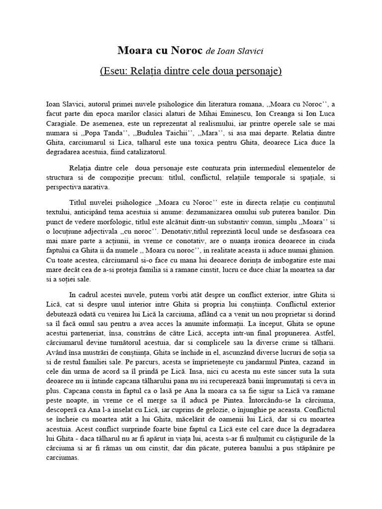 Relatia Dintre Doua Personaje Moara Cu Noroc ESEU Relatia Dintre Doua Personaje Moara | PDF