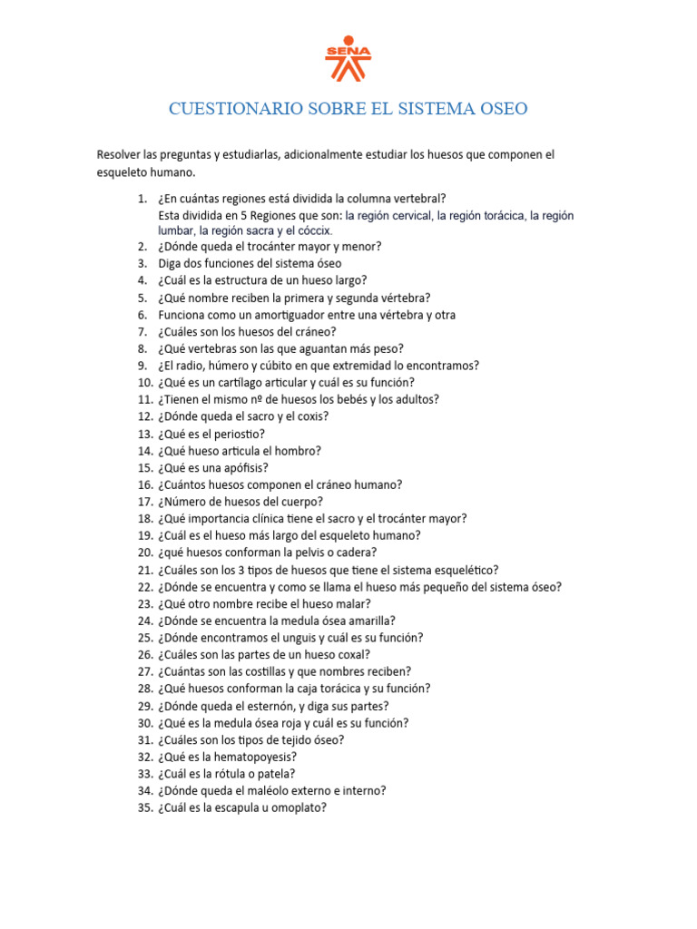 Cuestionario del Sistema Óseo | PDF | Estudios de idiomas extranjeros