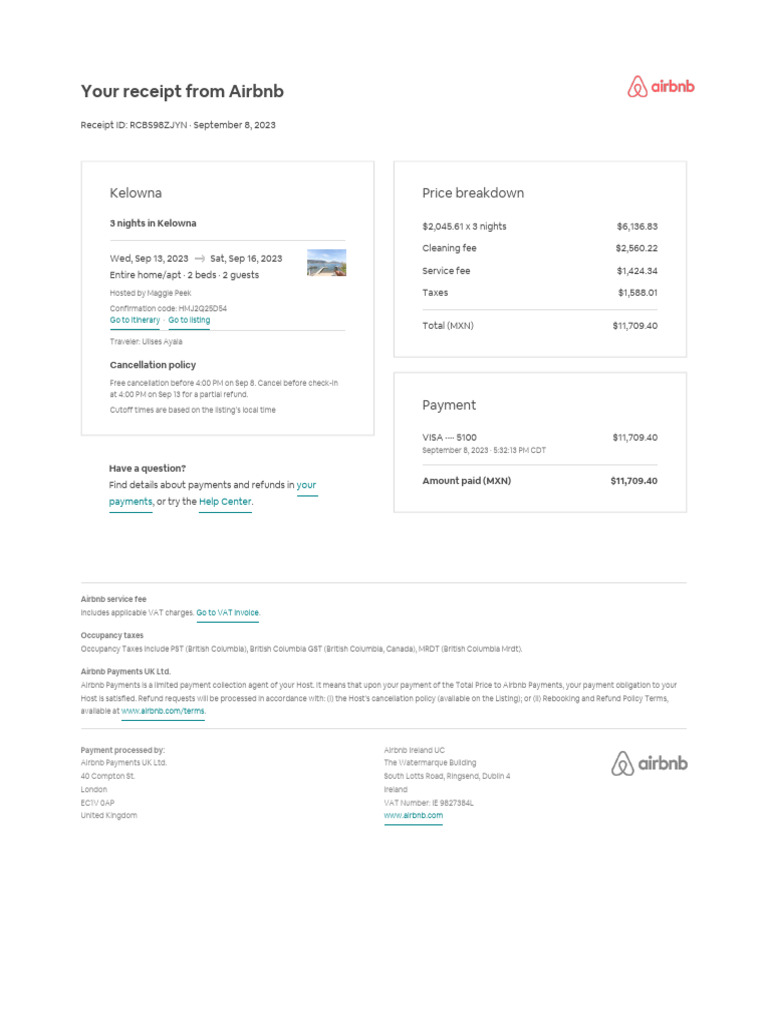Airbnb Receipt for Dublin Stay | PDF | Value Added Tax | Receipt