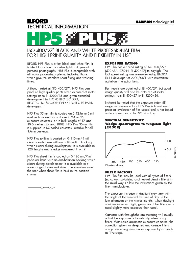 Ilford HP5 Plus Spec Sheet | PDF | Film Speed | Exposure (Photography)