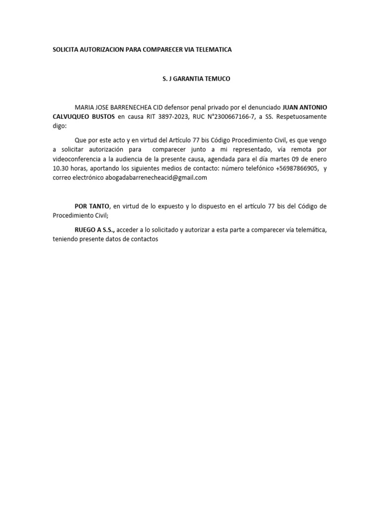 Solicita Autorizacion para Comparecer Via Telematica | PDF | Finanzas y ...