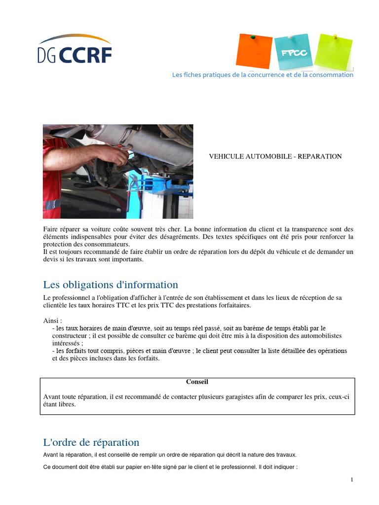 Obligations et conseils pour réparations auto | PDF | Taxe sur la ...