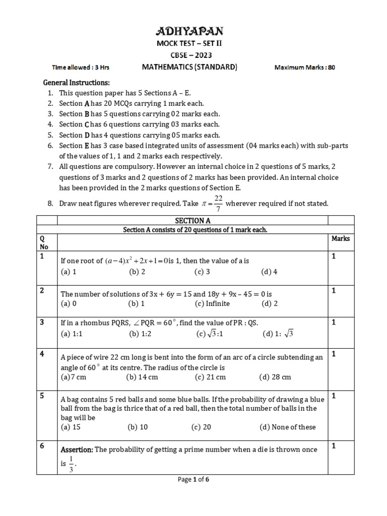 Mathematics Mock Test II 2022-23 | PDF | Circle | Area