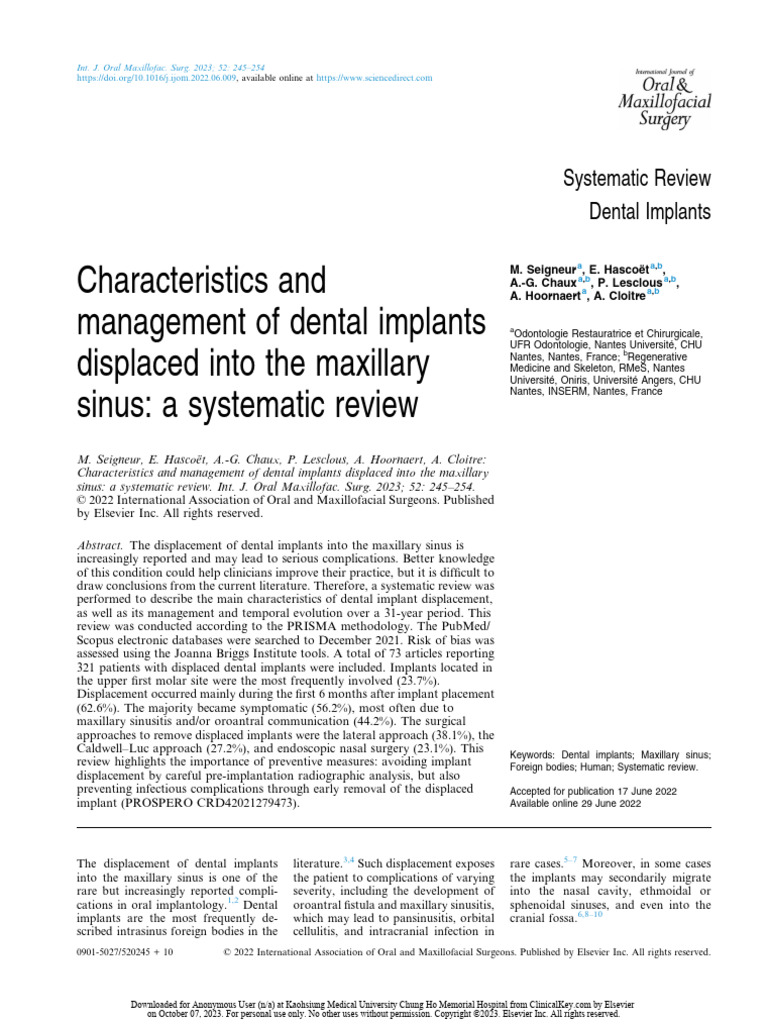 Characteristics and Management of Dental Implants Displaced Into The
