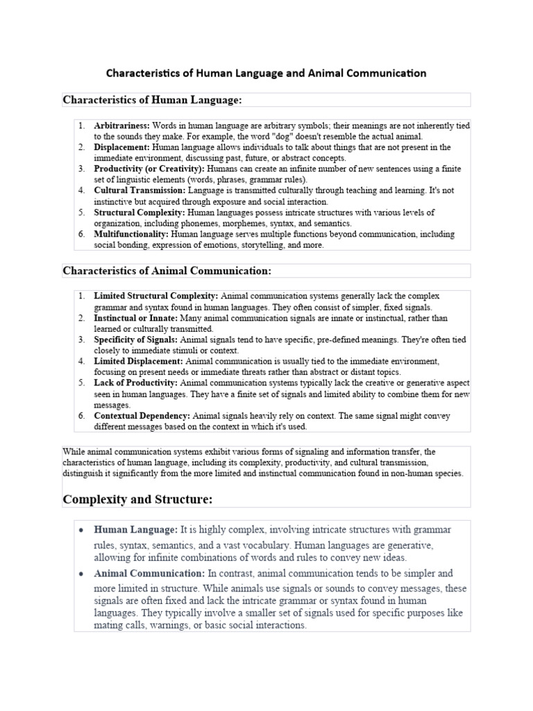 Characteristics of Human Language and Animal Communication | PDF