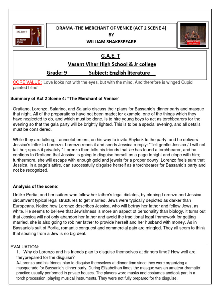 Act 2 Scene 4 Summary: Elopement Plans | PDF | The Merchant Of Venice