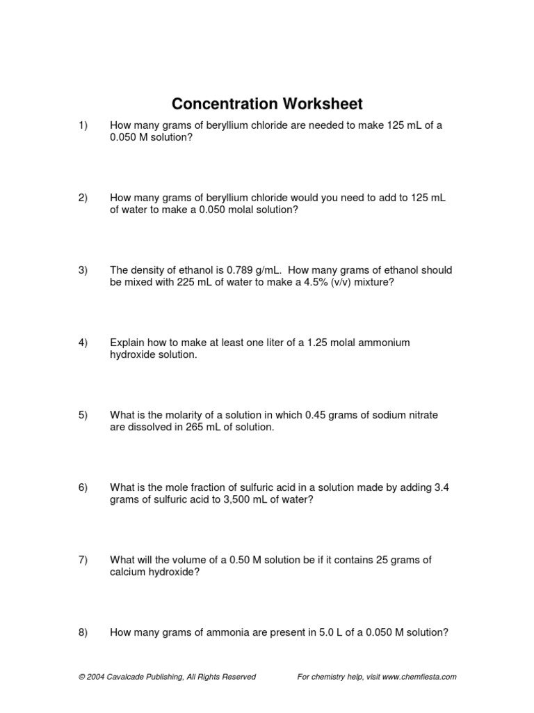 Concentration Worksheet: © 2004 Cavalcade Publishing, All Rights ...