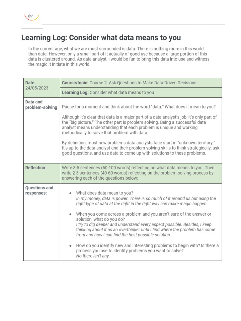 Learning Log Template Consider What Data Means to You | PDF | Behavior ...