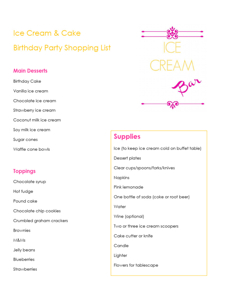 Birthday Party Shopping List | PDF