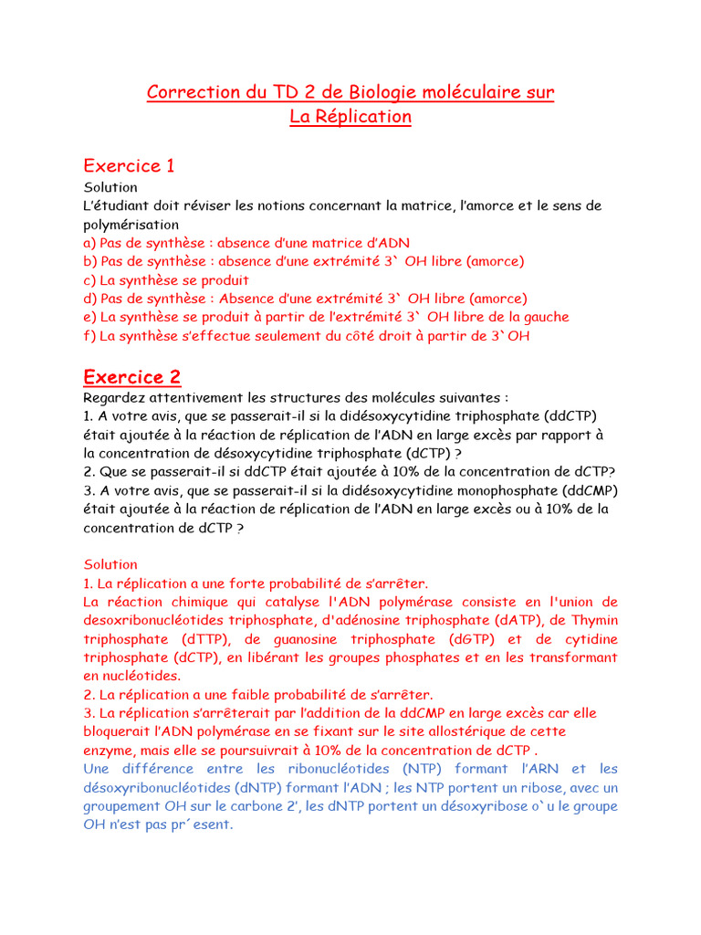 Correction Du TD 2 de Biologie Moleìculaire Sur | PDF