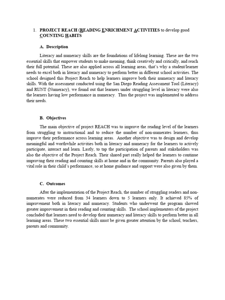 Project Reach: Enhancing Literacy & Numeracy | PDF | Art