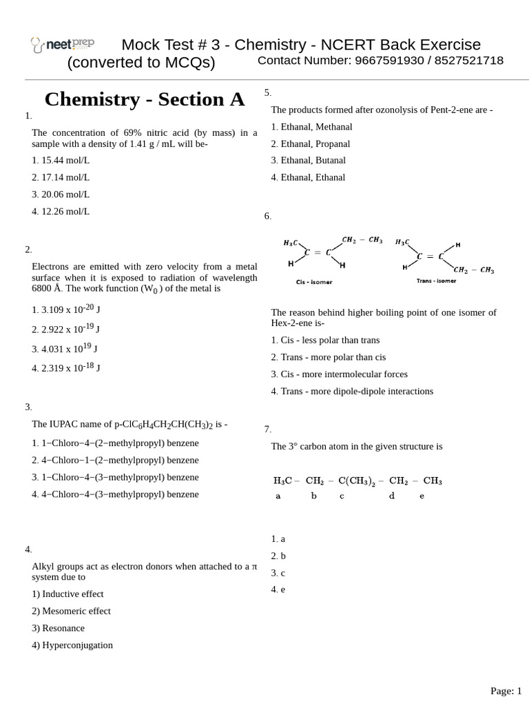 Chemistry section a mock test 3 chemistry ncert back exercise