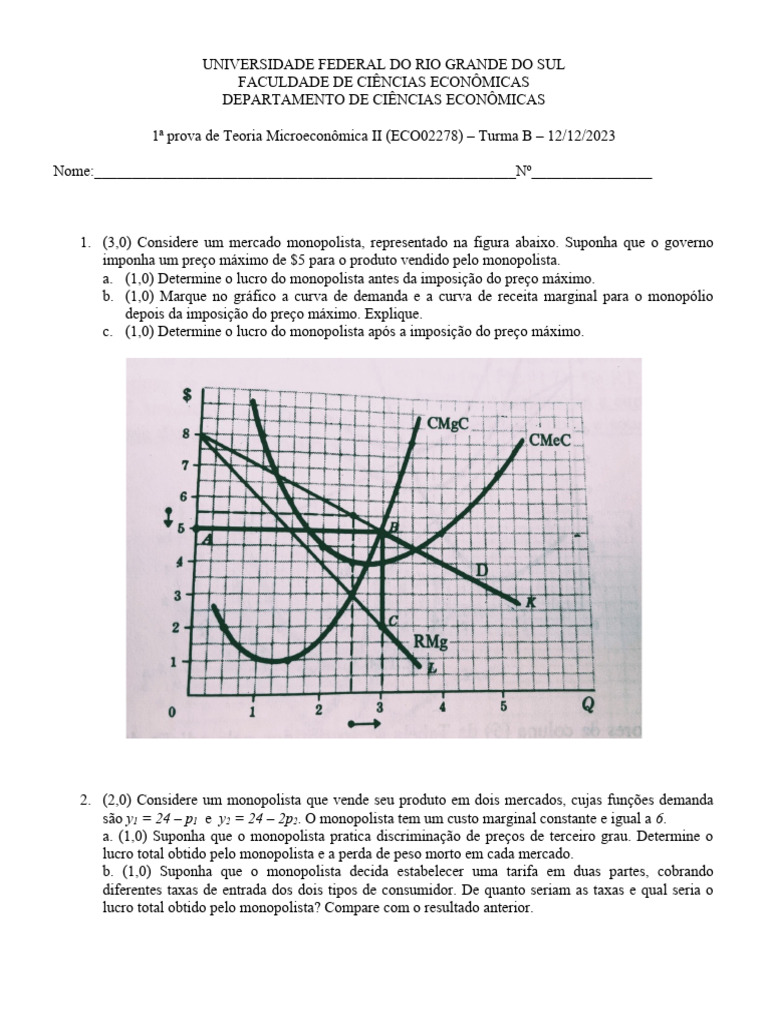 Prova de Teoria Microeconômica II | PDF | Monopólio | Mercado (economia)