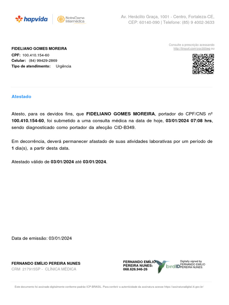 Atestado Médico CID-B349 03/01/2024 | PDF