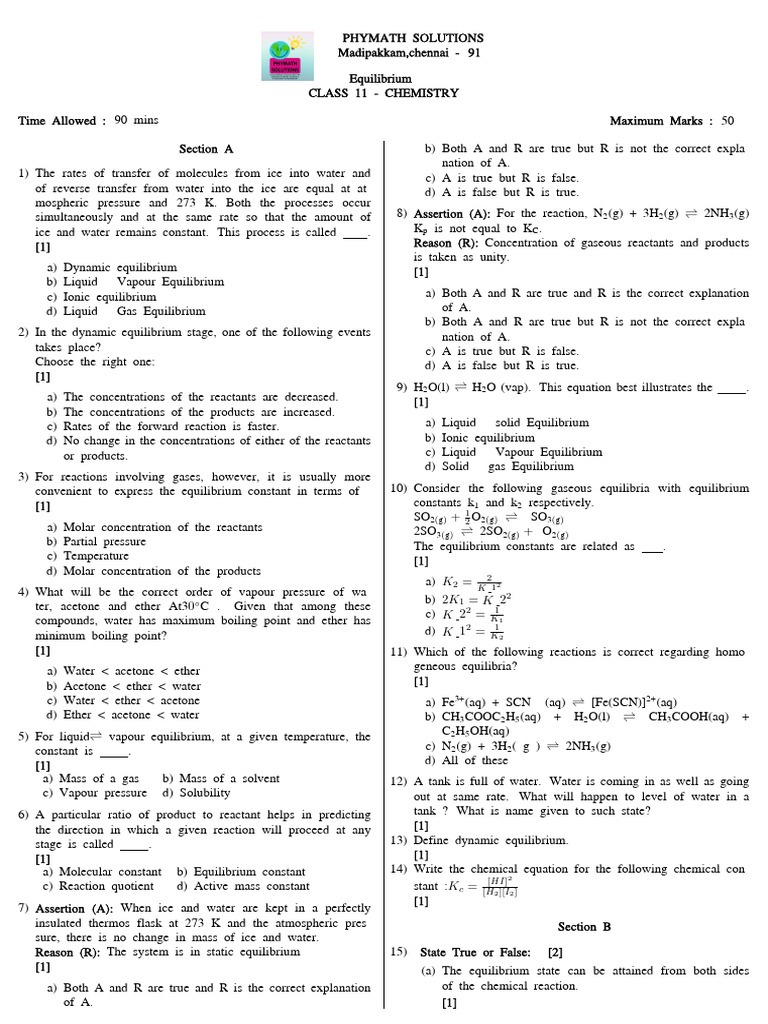 EQUILIBRIUM TEST (1) PDF Chemical Equilibrium Mechanical Engineering