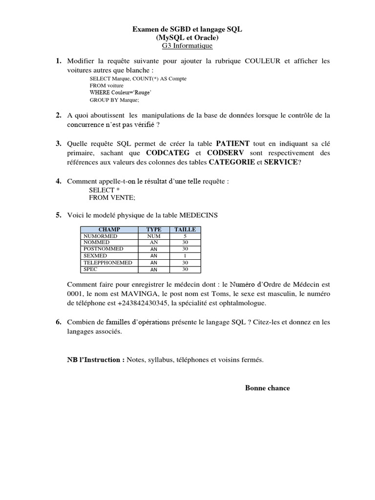 Examen SGBD : SQL MySQL et Oracle | PDF