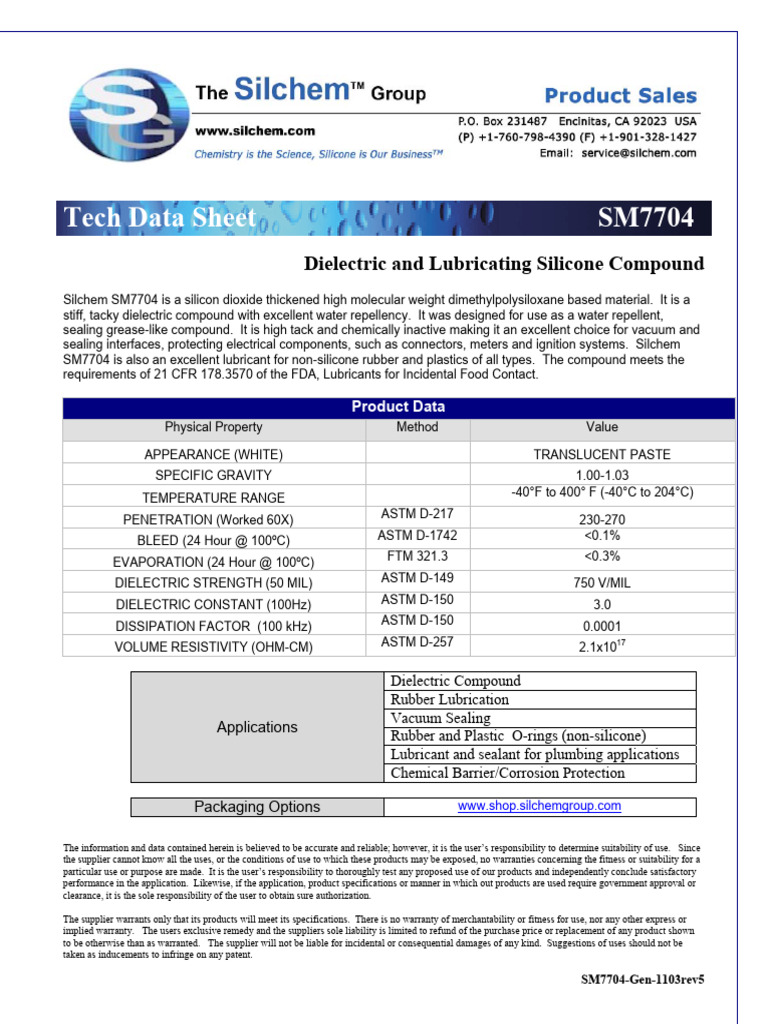 SM7704 Gen TechDataSheet v11035 | PDF | Silicone | Chemical Substances