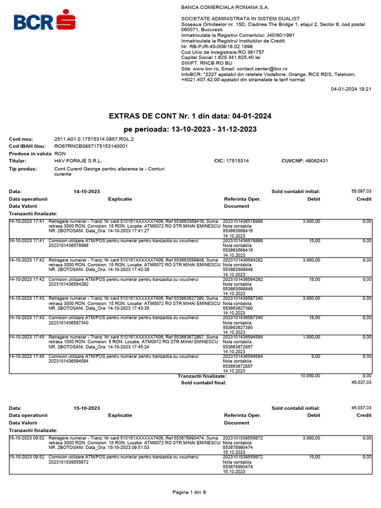 Extras de Cont BCR pentru Hav Foraje S.R.L. | PDF